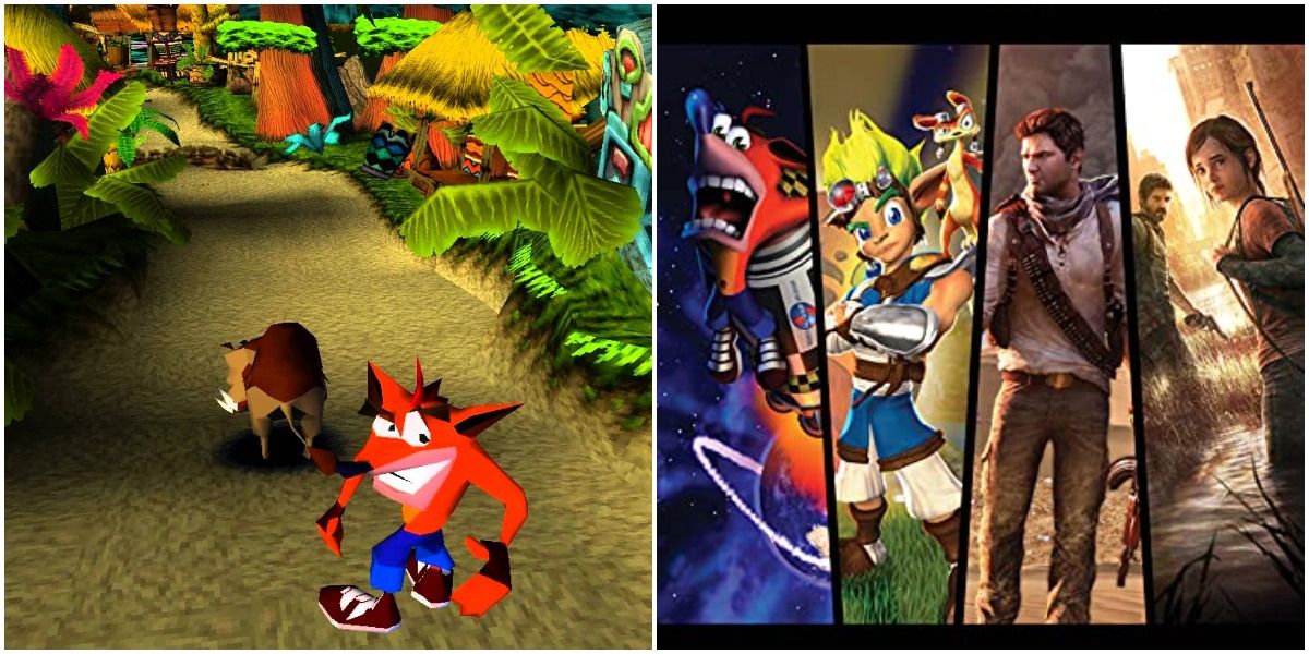 Crash Bandicoot contrasted with The Art of Naughty Dog book cover featuring Crash Bandicoot, Jak &amp; Daxter, Uncharted, and The Last of Us