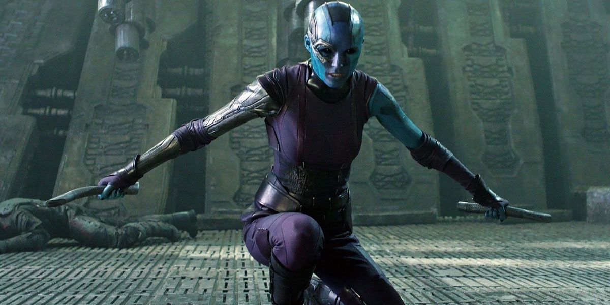 Nebula crouches down with her weapons in Guardians of the Galaxy
