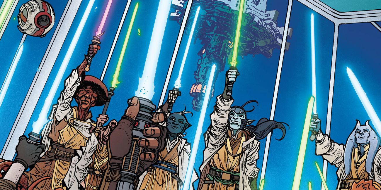 Obratuk Glii, Qort, Farzala Tarabal, Torben Buck and other Jedi raise their lightsabers with the Starlight Beacon in the background in Star Wars The High Republic Adventures