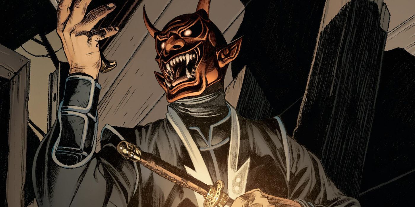 Marvel Comics' Ogun wearing his demon mask and holding weapons