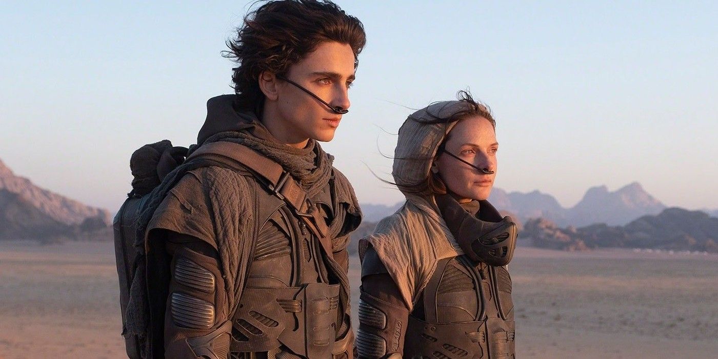 Paul and Jessica standing in the desert in Denis Villeneuve's Dune.