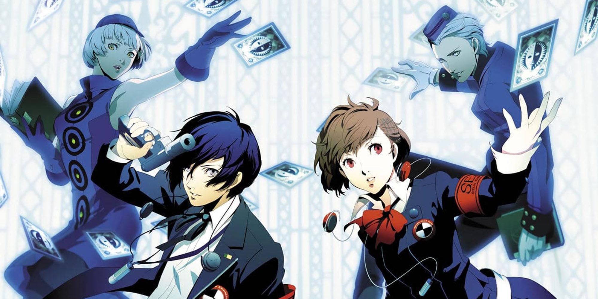 The male and female Persona 3 protagonists with Elizabeth and Theodore in the background
