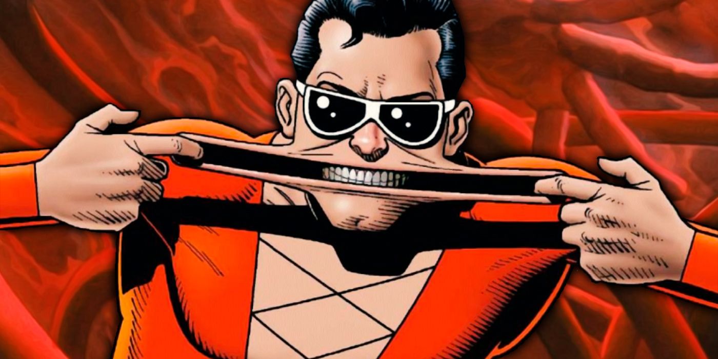 Plastic Man Forcing A Weird Smile With His Hands