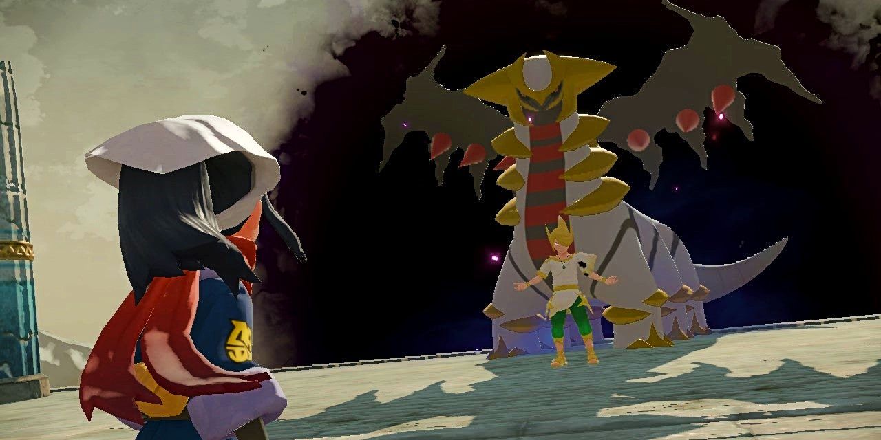 Screenshot depicting the protagonist, Volo and Giratina in Pokémon Legends: Arceus.