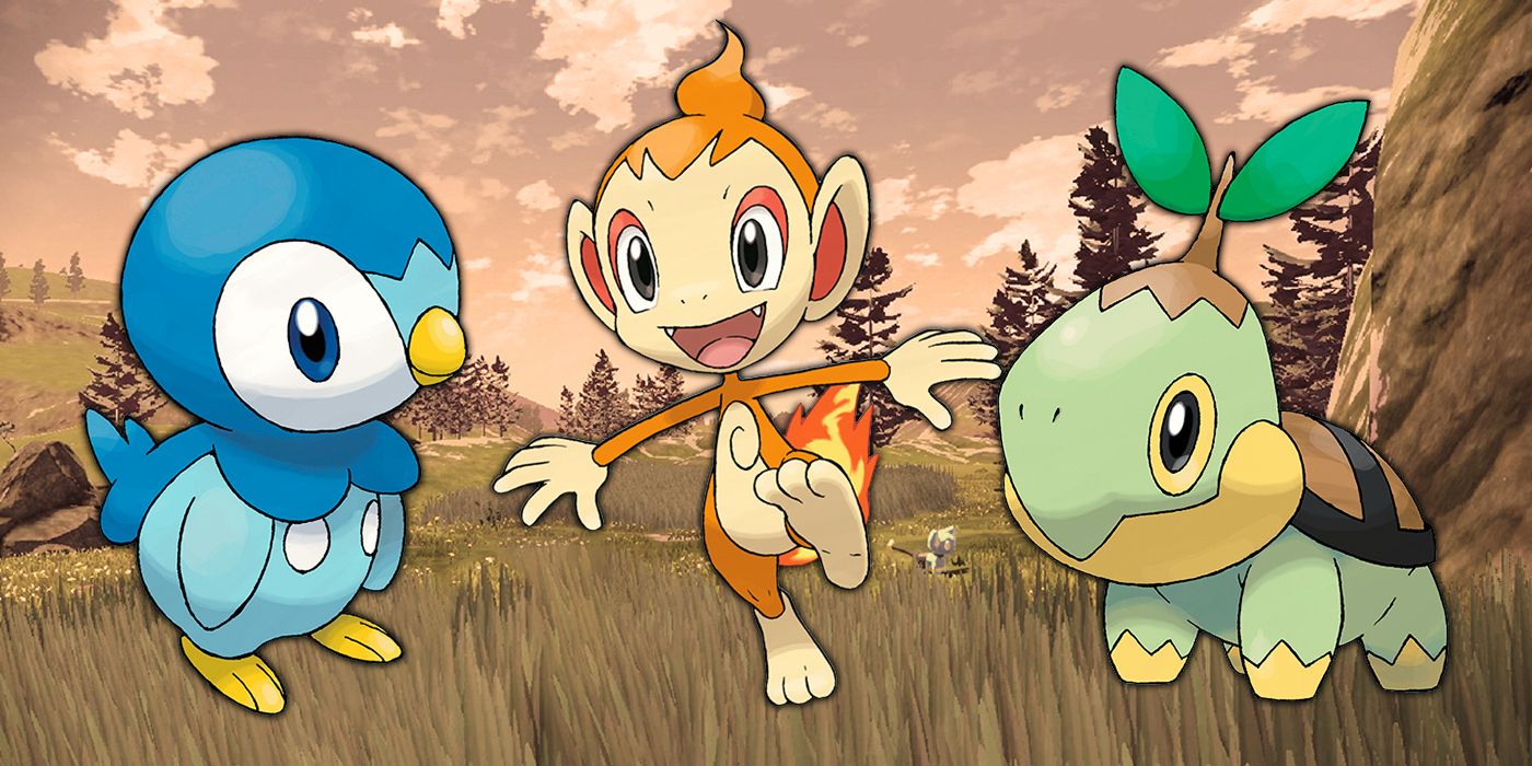 Piplup, Chimchar and Turtwig in front of Pokémon Legends: Arceus environment.