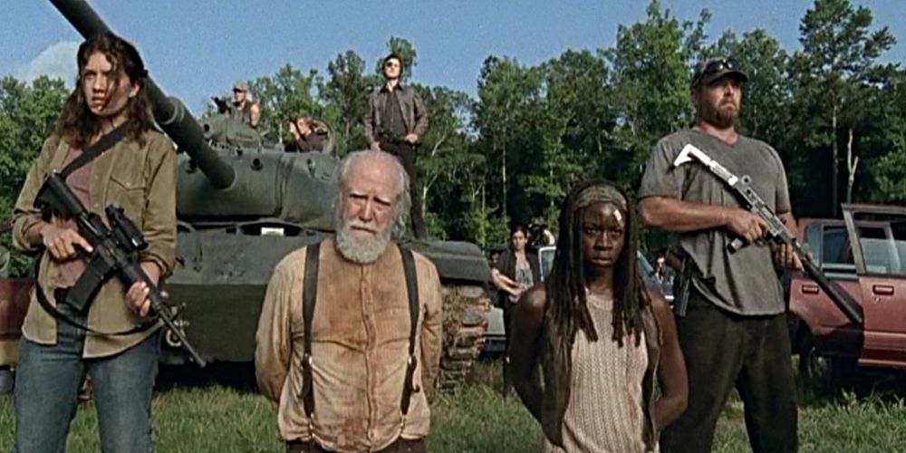 Hershel (Scott Wilson) and Michonne (Danai Gurira) held hostage by the Governor in the Walking Dead