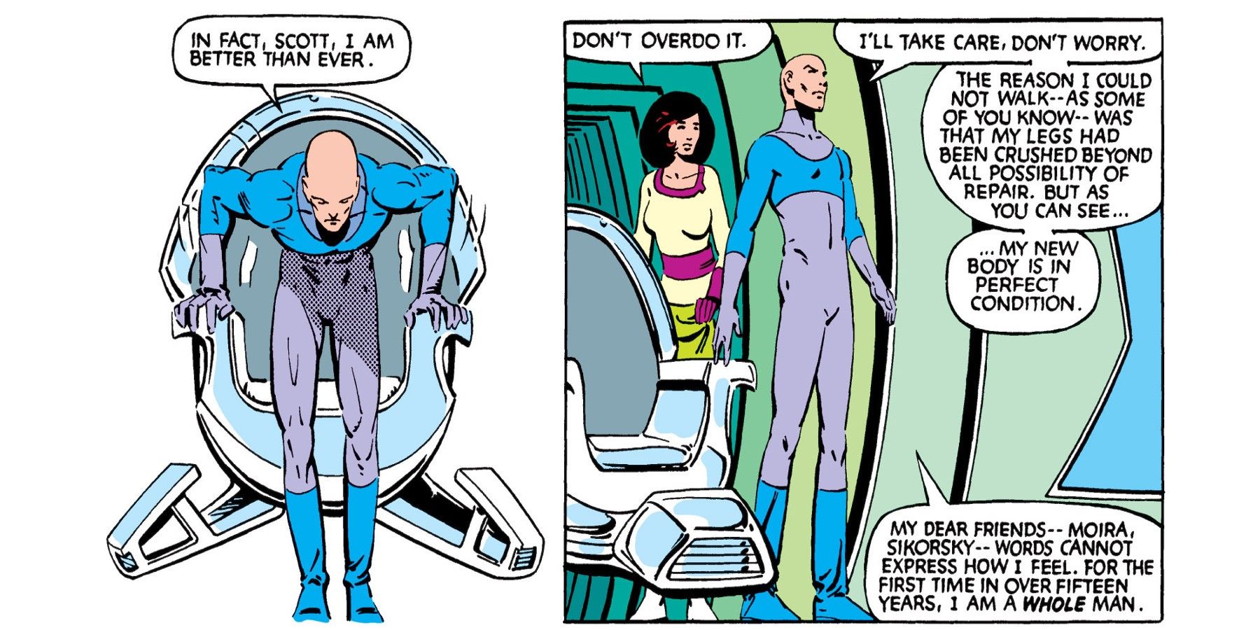 Uncanny X-Men #167 shows Professor X rise from his wheelchair while in a new body
