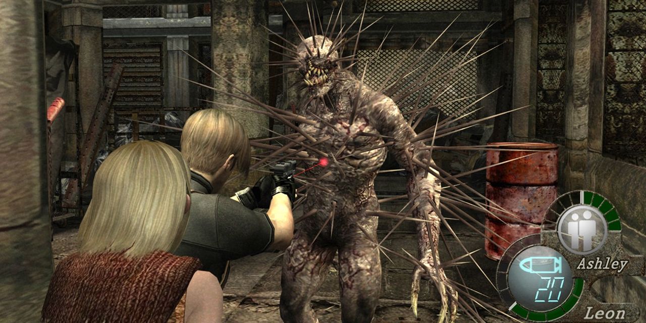 Leon protecting Ashley from an Iron Maiden in Resident Evil 4 HD