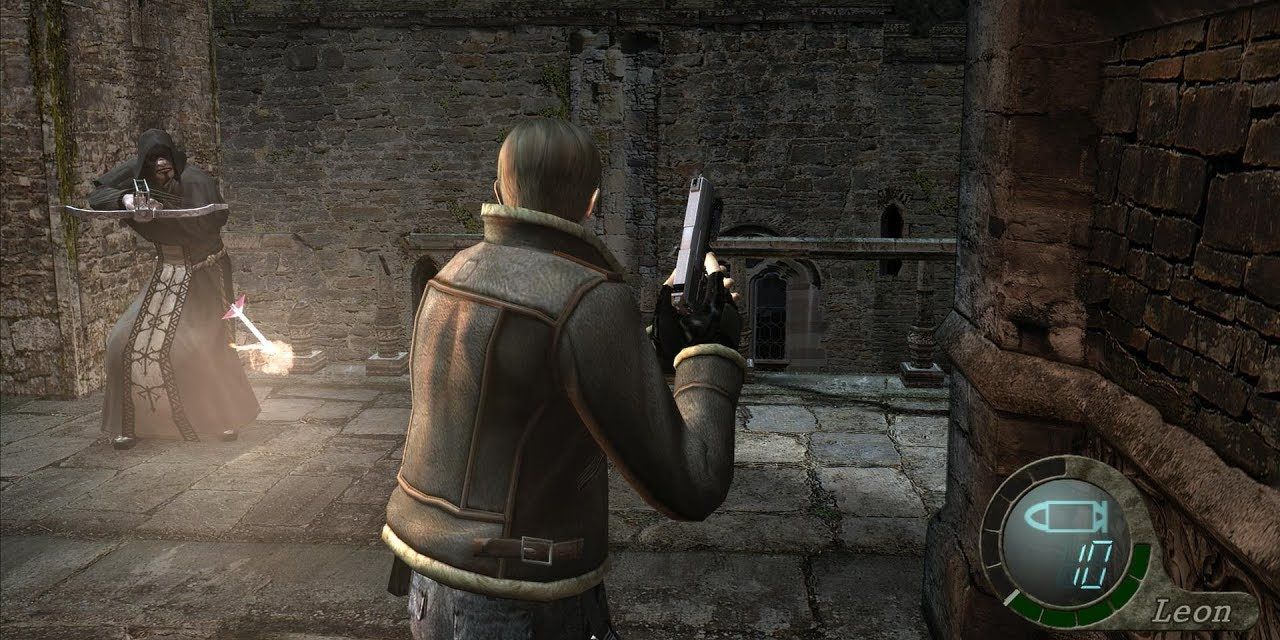 Leon encontrando um cultista na Ultimate Edition de Resident Evil 4 para PC