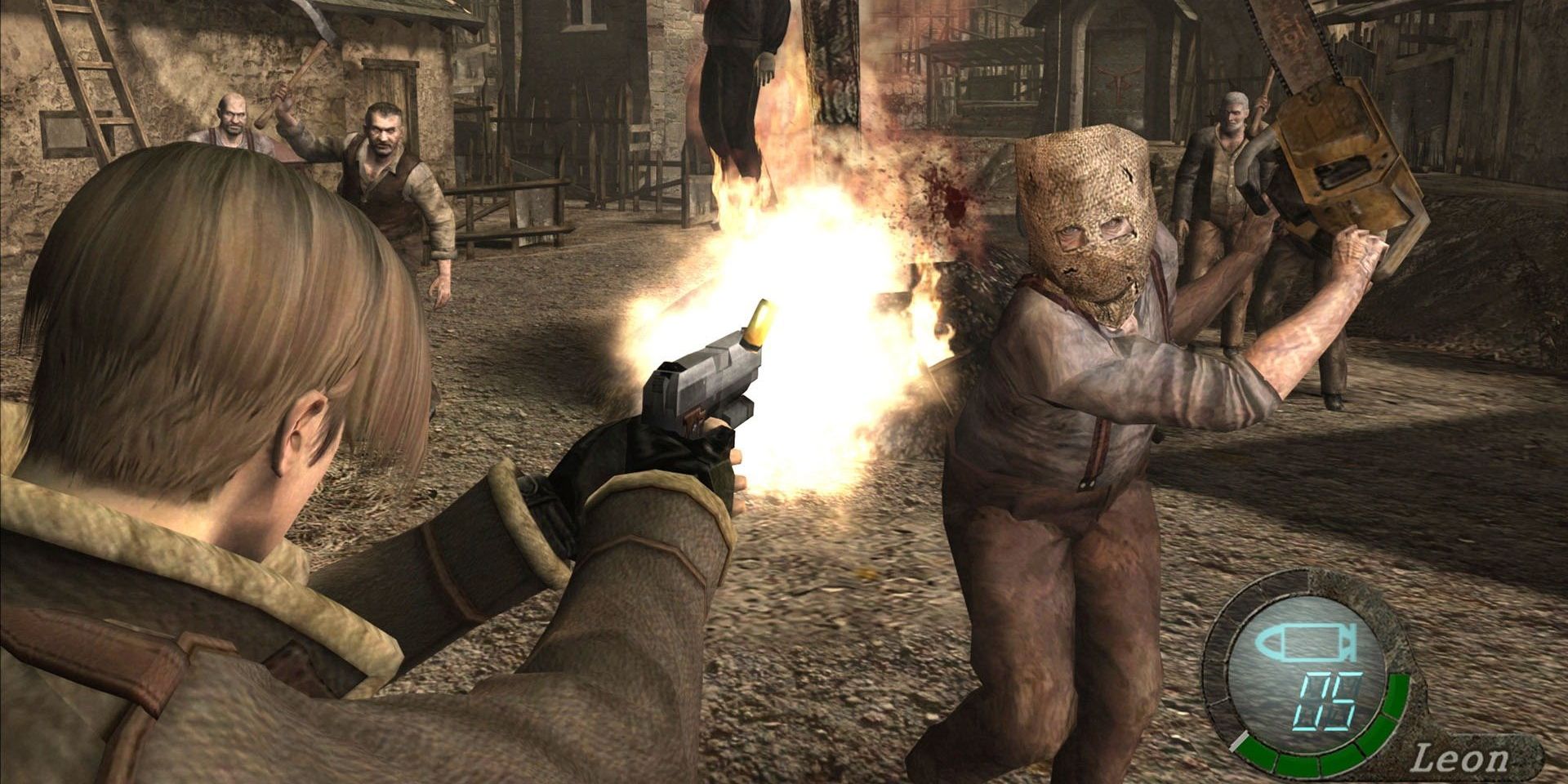 Leon shooting at a chainsaw wielding enemy in Resident Evil 4 HD
