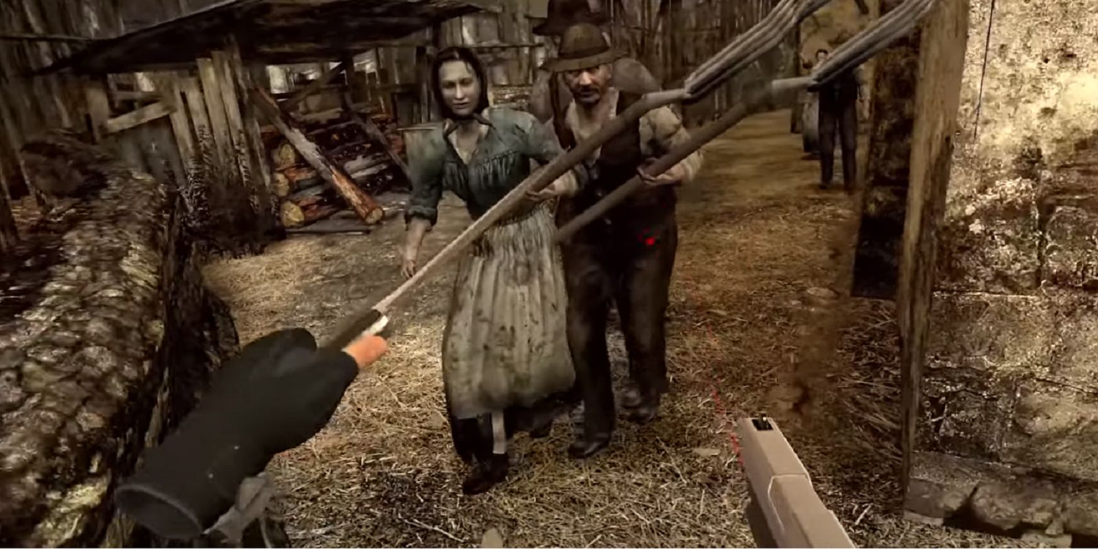 Leon lutando contra membros da vila em Resident Evil 4 VR