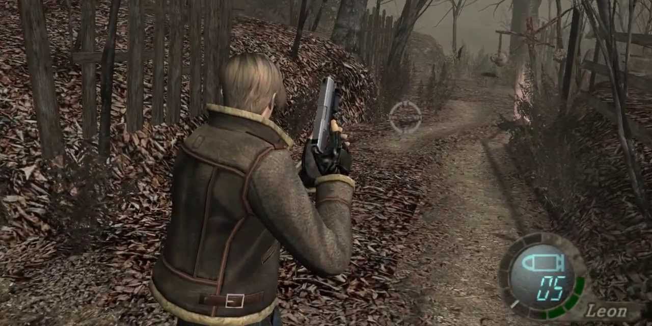 Leon atravessando uma área arborizada em Resident Evil 4 Wii