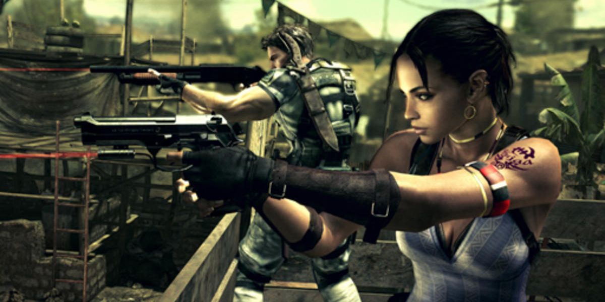 Chris Refield and Sheva Alomar firing their guns in Resident Evil 5 game