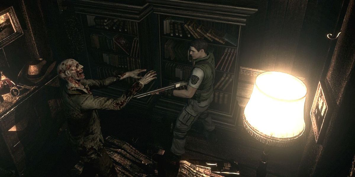 Chris Redfield shooting a zombie