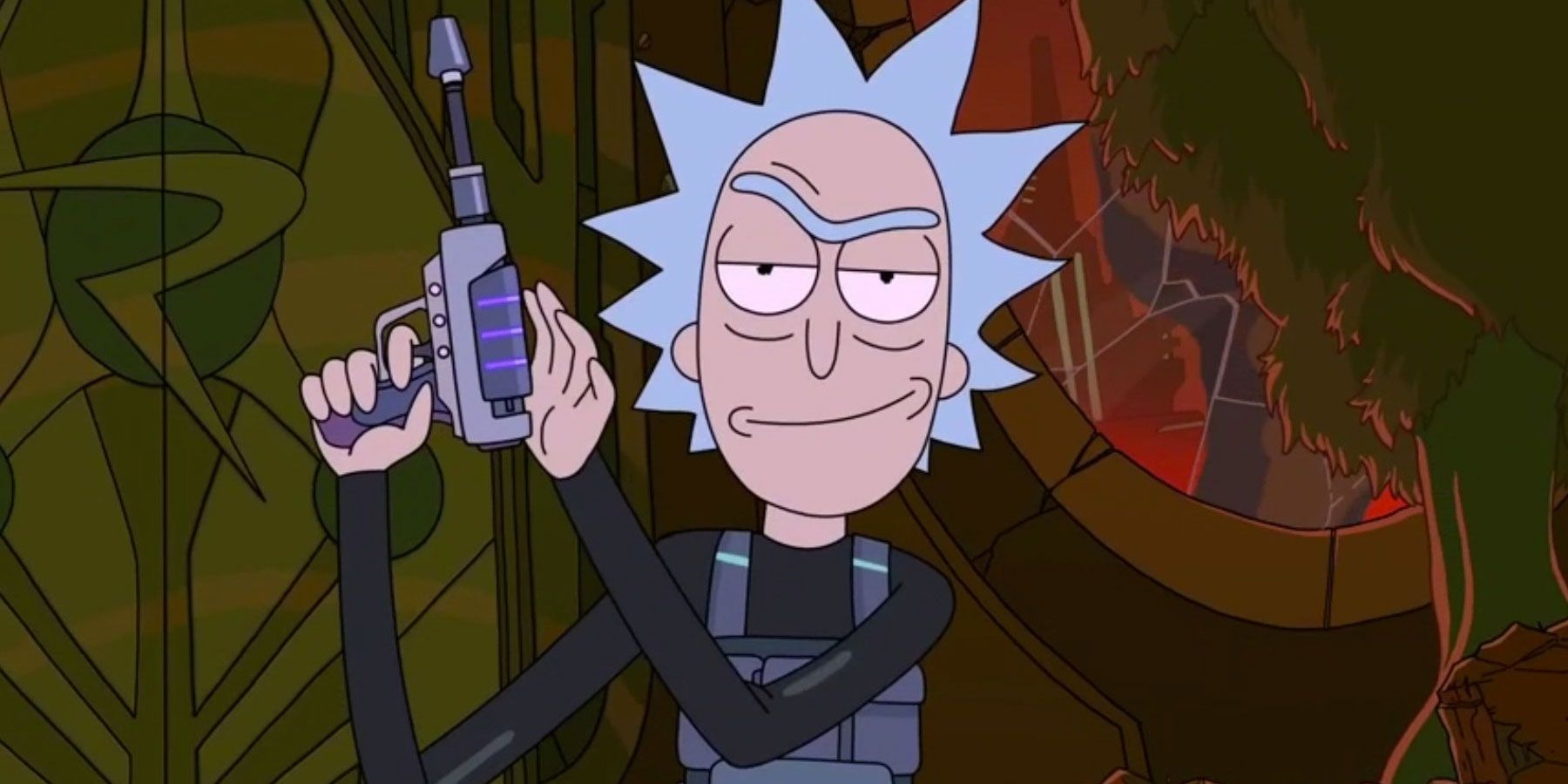 Rick Sanchez holding a gun and looking smug in Rick and Morty