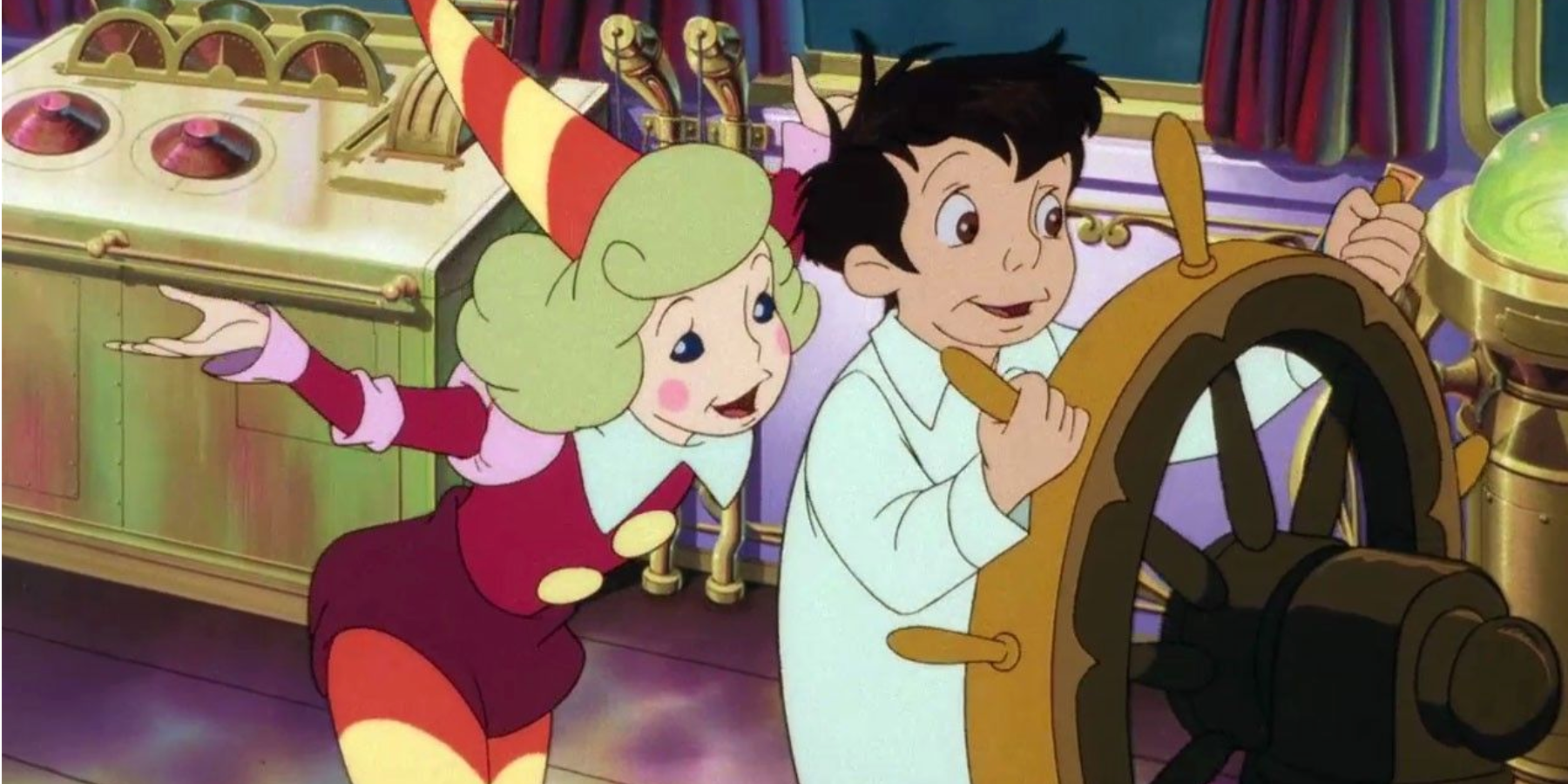 Two characters steer a ship and talk in Little Nemo.