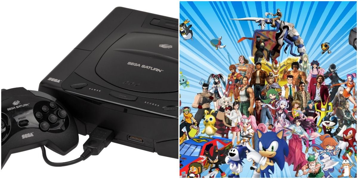 Sega Saturn contrasted with a banner of Sega characters from franchises like Sonic the Hedgehog, Persona, Yakuza, and more