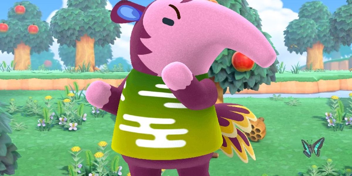Snooty, Anteater villager, making a face in Animal Crossing New Horizons