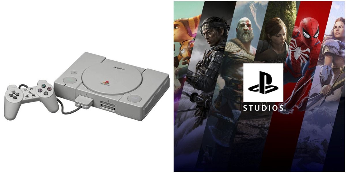 PlayStation console and controller contrasted with the PlayStation Studios banner featuring Kratos, Spider-Man, Aloy, Ratchet and more