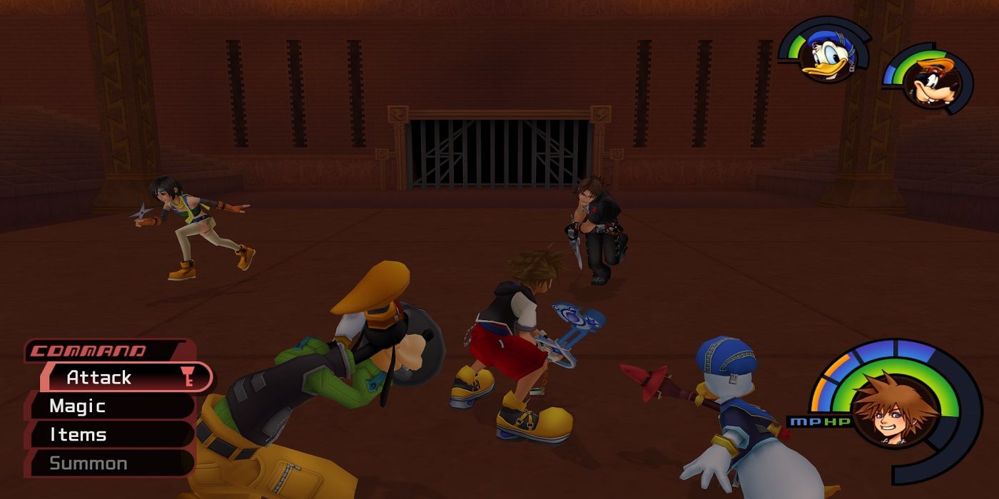 Sora, Donald, and Goofy fight Leon and Yuffie