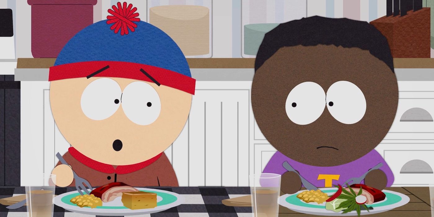 Stan Marsh and Tolkien Black looking at each other while eating in South Park