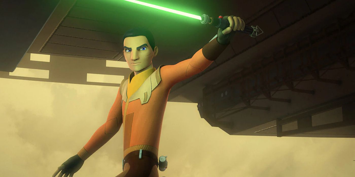 Star Wars' Ezra Bridger holding a green lightsaber.