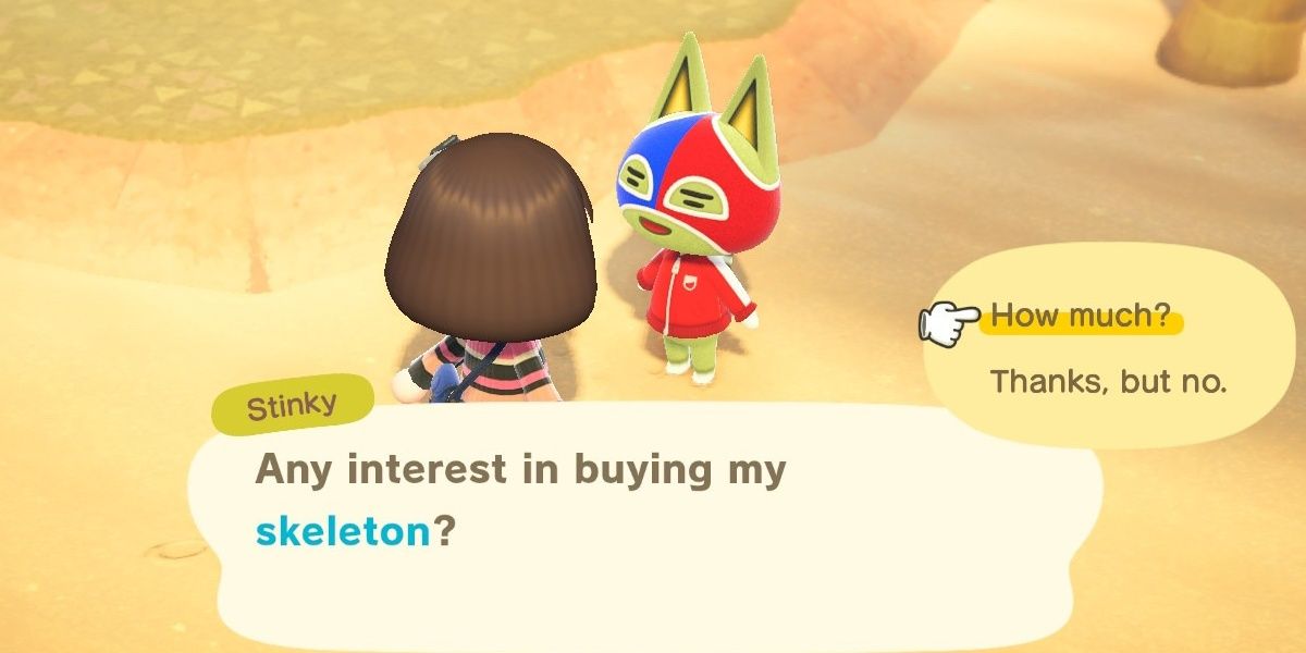 Stinky the Cat tries to sell the player a skeleton in Animal Crossing: New Horizons
