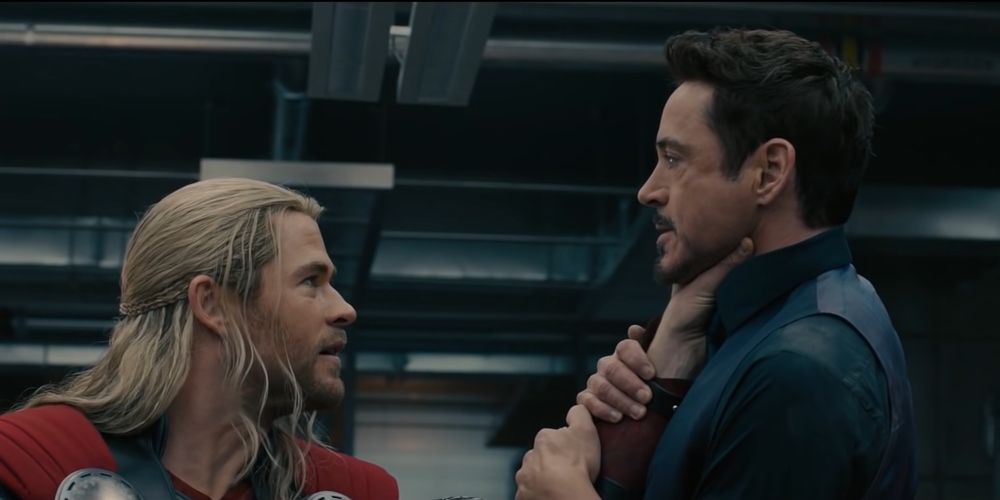 Thor choke Tony Stark after he creates Ultron in Avengers: Age of Ultron