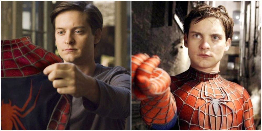 Tobey Maguire as Spiderman in and out of suit