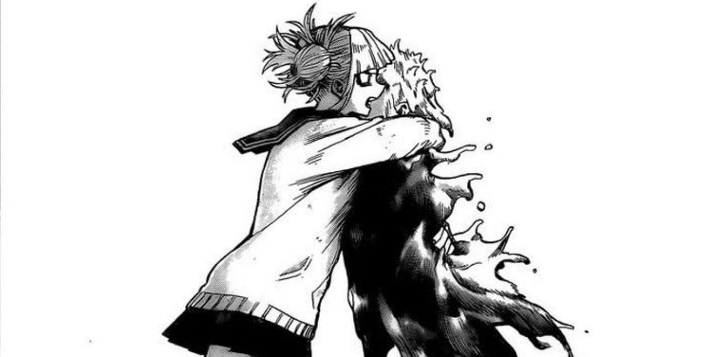 Toga holding Twice's clone as it withers away in My Hero Academia.