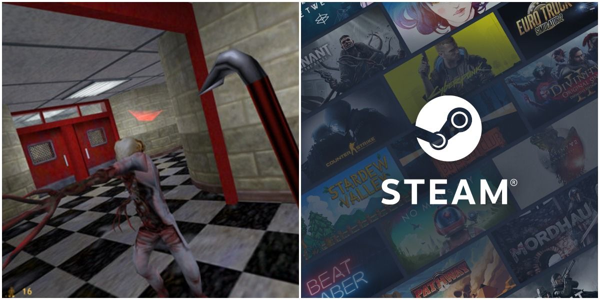 Half-Life contrasted with the Steam logo over a collage of games