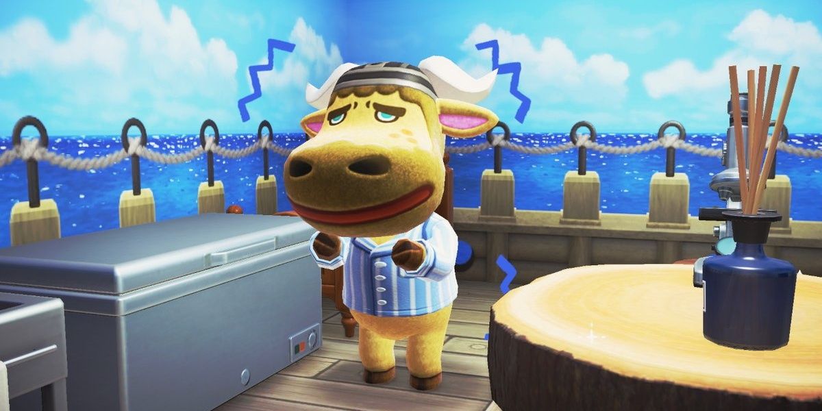 Vic the Bull standing on a deck by the water in Animal Crossing: New Horizons