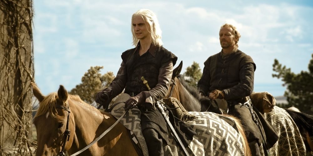 Viserys rides along with Ser Jorah Mormont in Game of Thrones