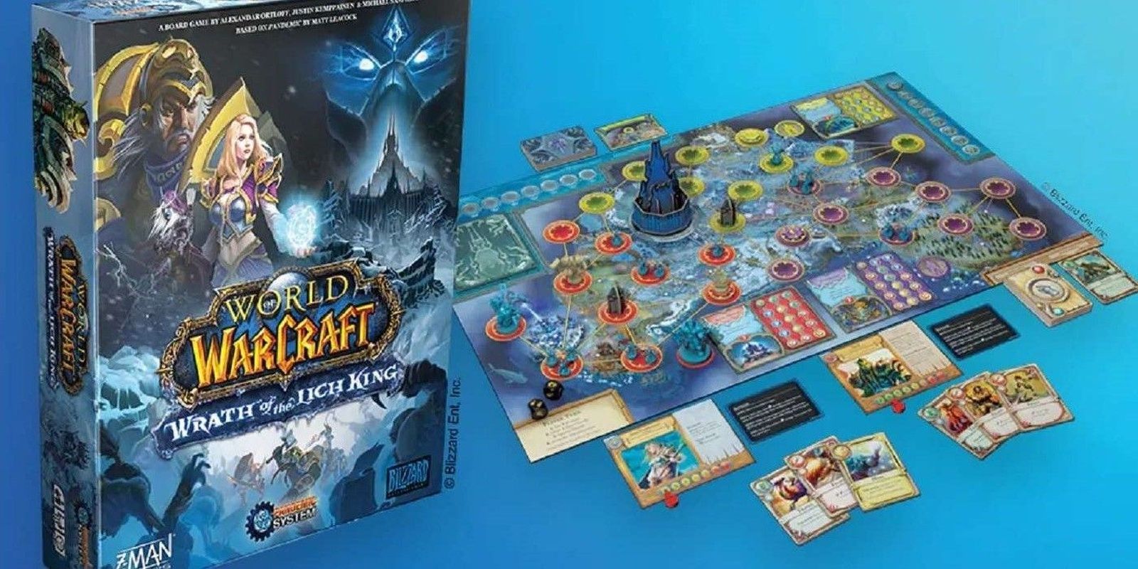 The box and componentsfor World of Warcraft: Wrath of the Lich King board game.