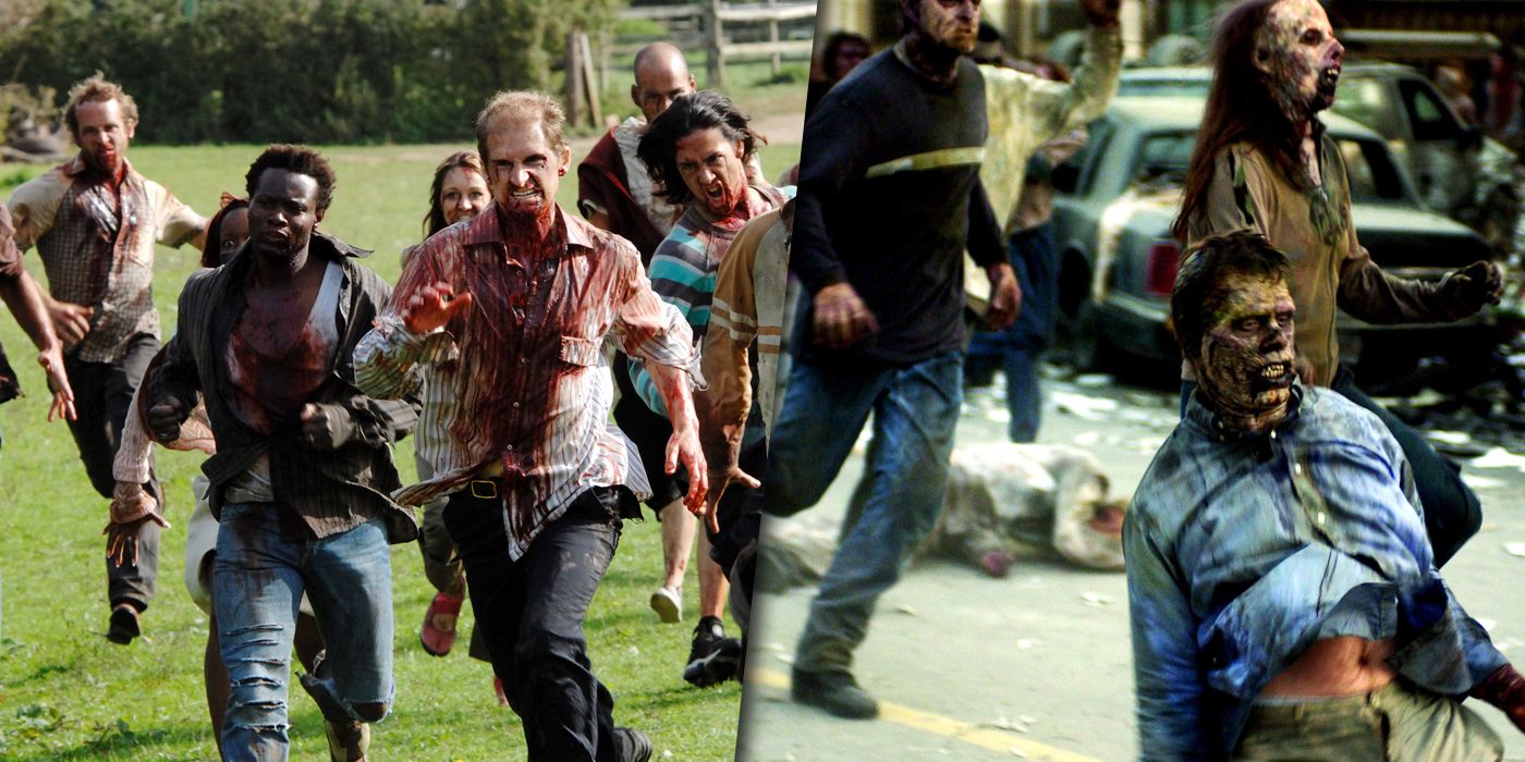 Zombies from 28 Days Later and Dawn of the Dead remake split image