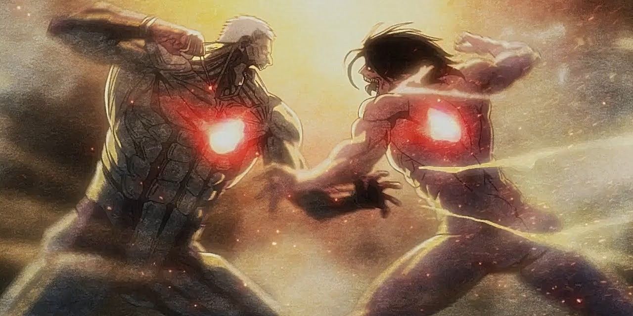 Reiner and Eren fight in Attack on Titan