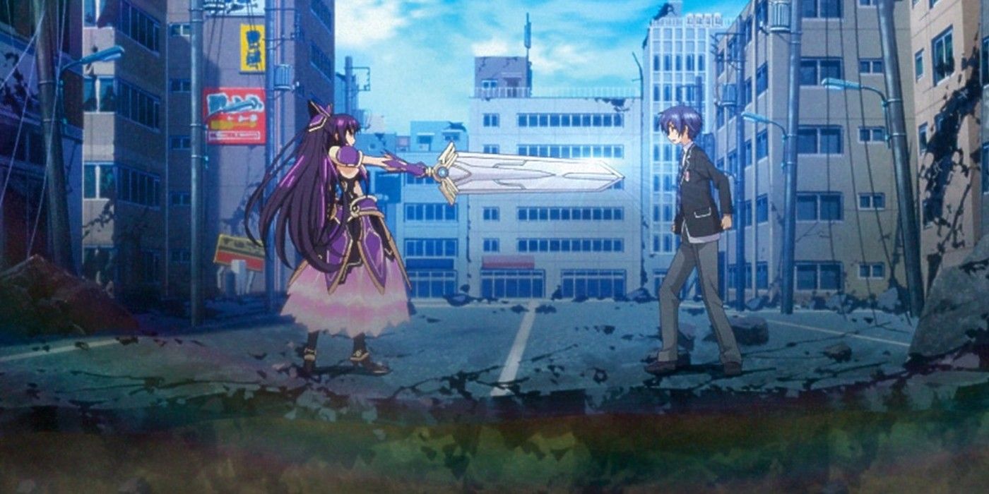 Tohka draws a sword on Itsuka in Date A Live.