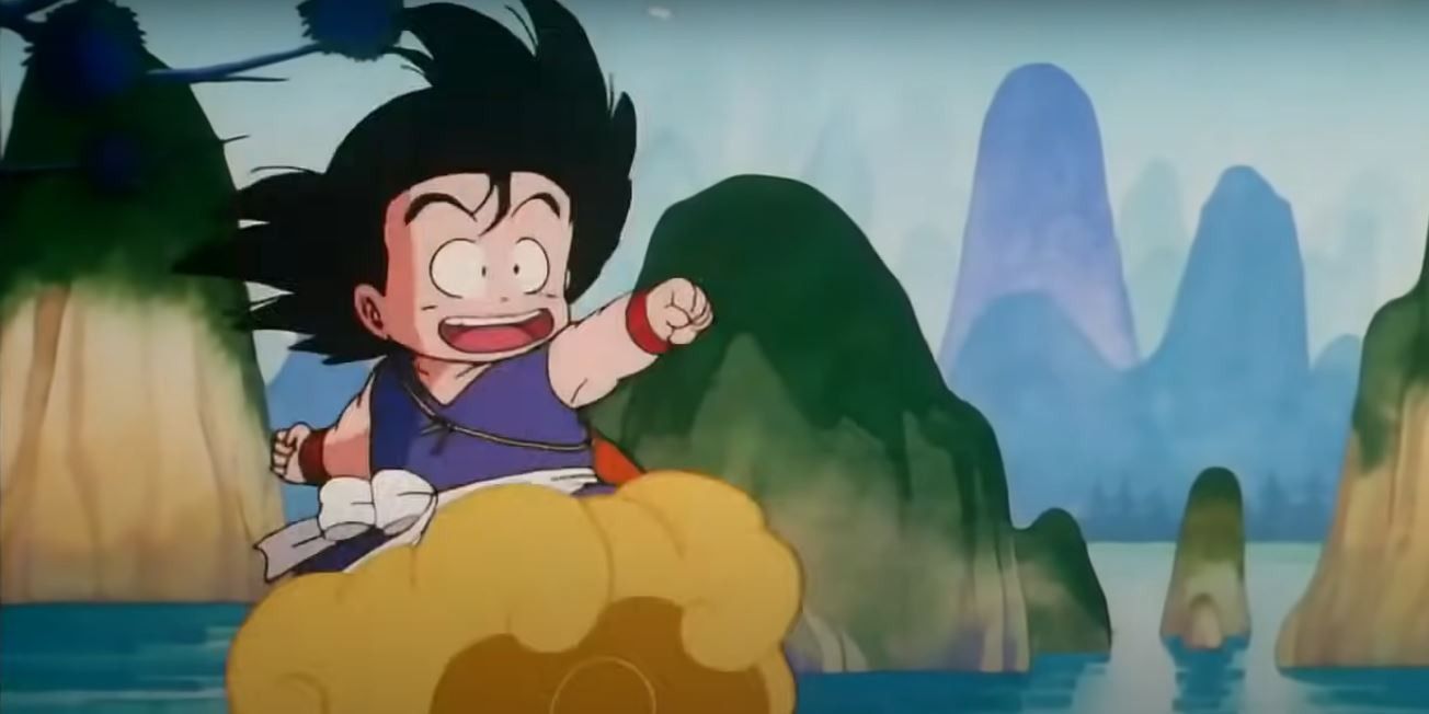 Kid Goku on the Flying Nimbus in Dragon Ball