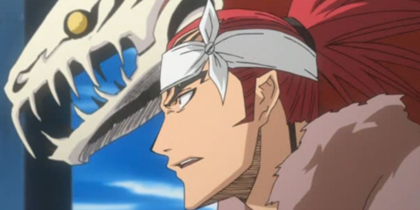 Renji Abarai looking shocked as he prepares his next attack with his new bankai technique in Bleach.