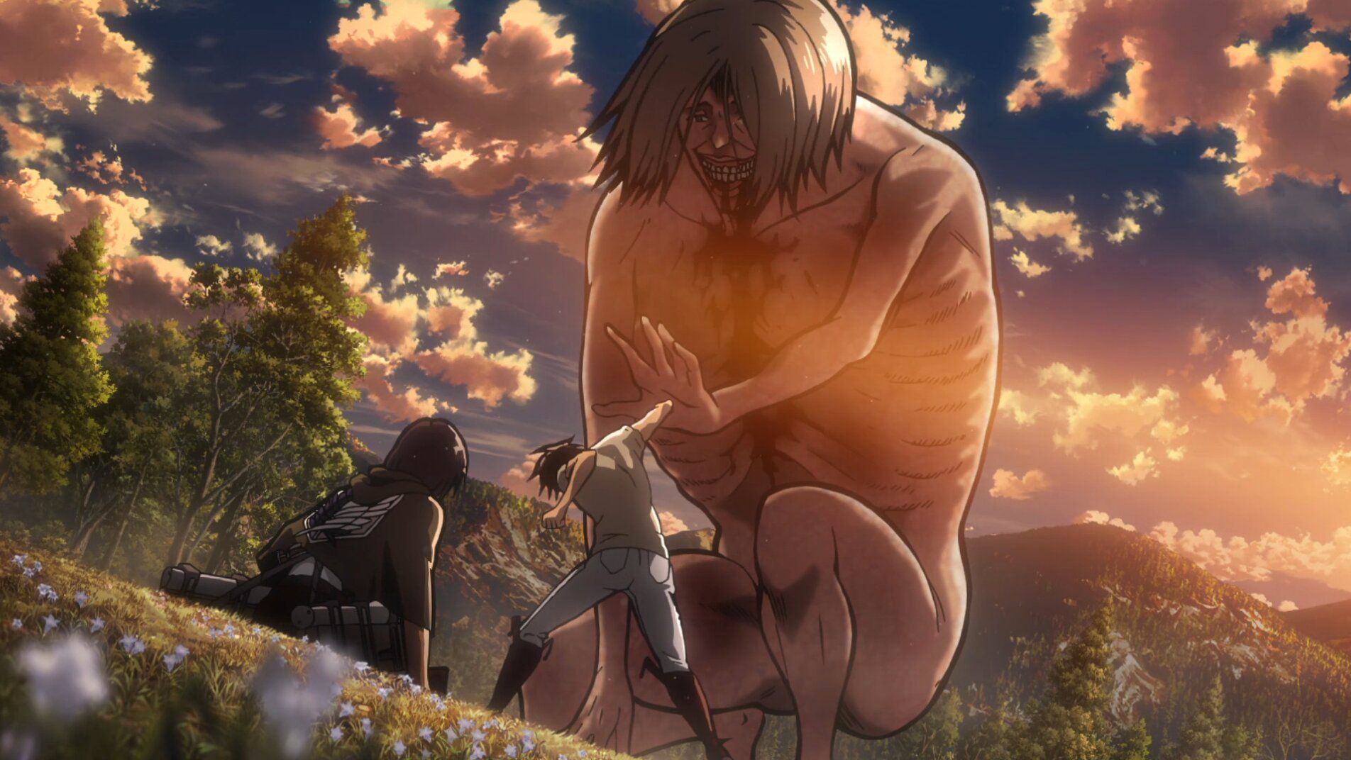 eren triggers the coordinate punching the outstretched hand of the smiling titan