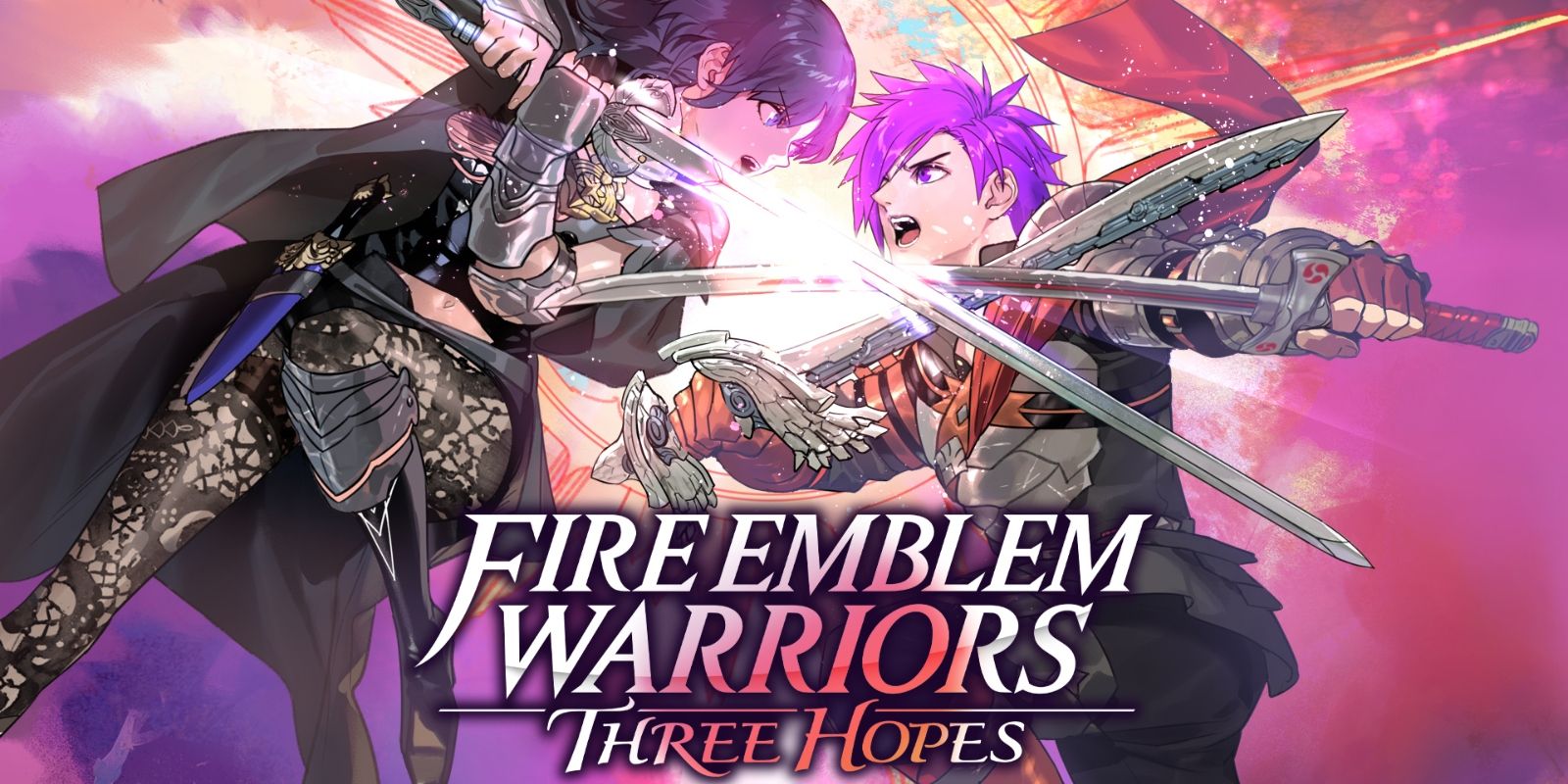 Shez and Female Byleth clashing swords in the Fire Emblem Warriors: Three Hopes box art.