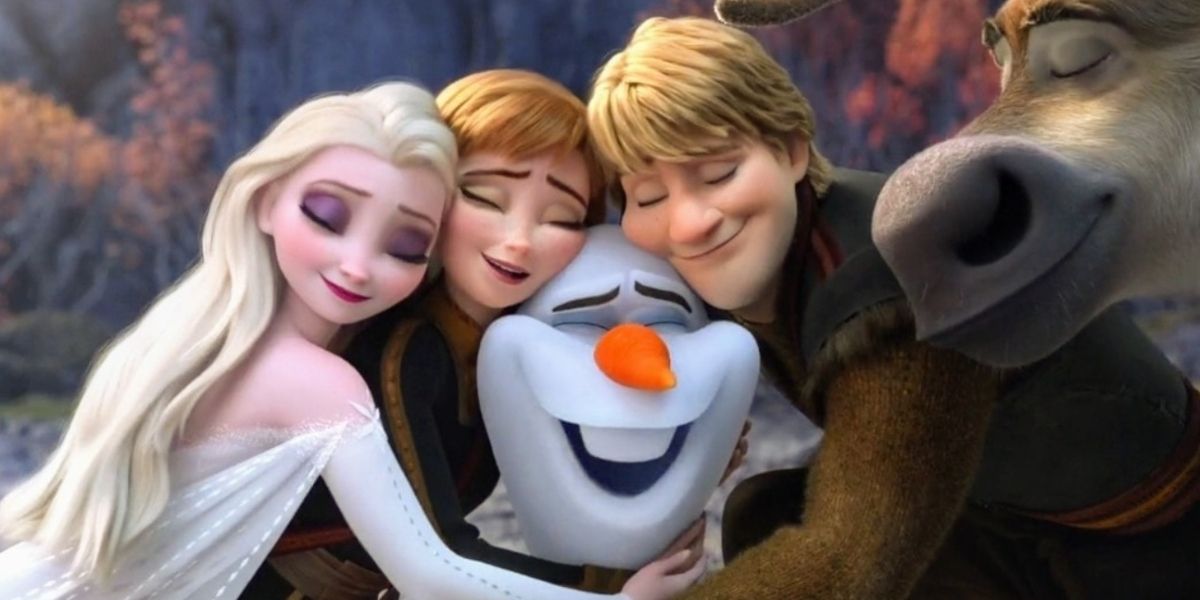 anna, kristoff, elsa, olaf, and sven hugging