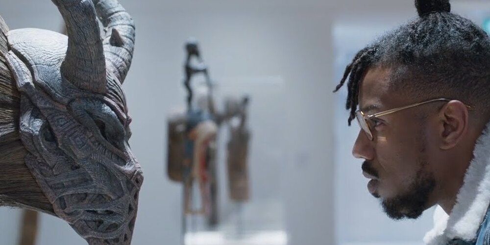 Erik Killmonger looking around the museum in Black Panther