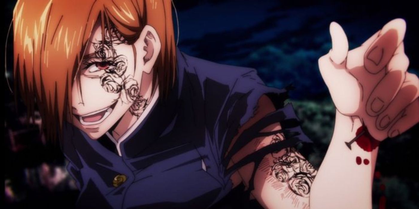 Jujutsu Kaisen's Nobara using Resonance with a cursed floral pattern on her face