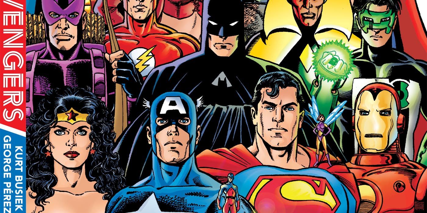 The comic cover for JLA/Avengers, featuring the Justice League and Avengers