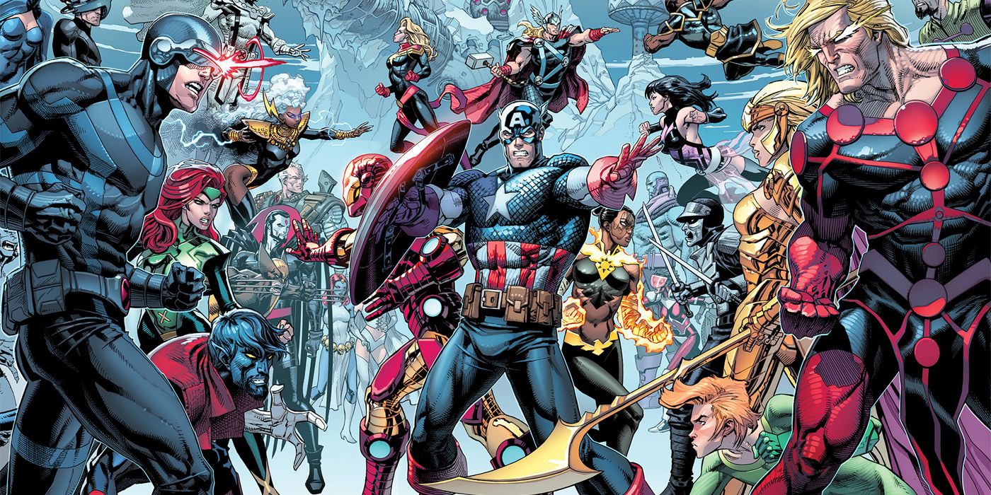 X-Men facing off against Eternals with the Avengers standing between them in front of Avengers Mountain
