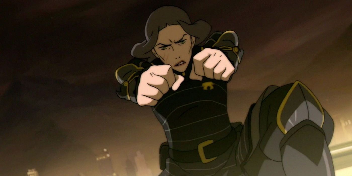 Lin Beifong bends a zeppelin's metal with both fists.