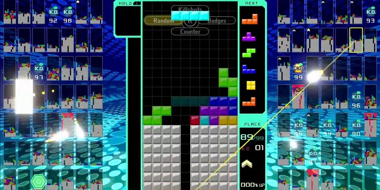 A tense match of Tetris 99 in motion