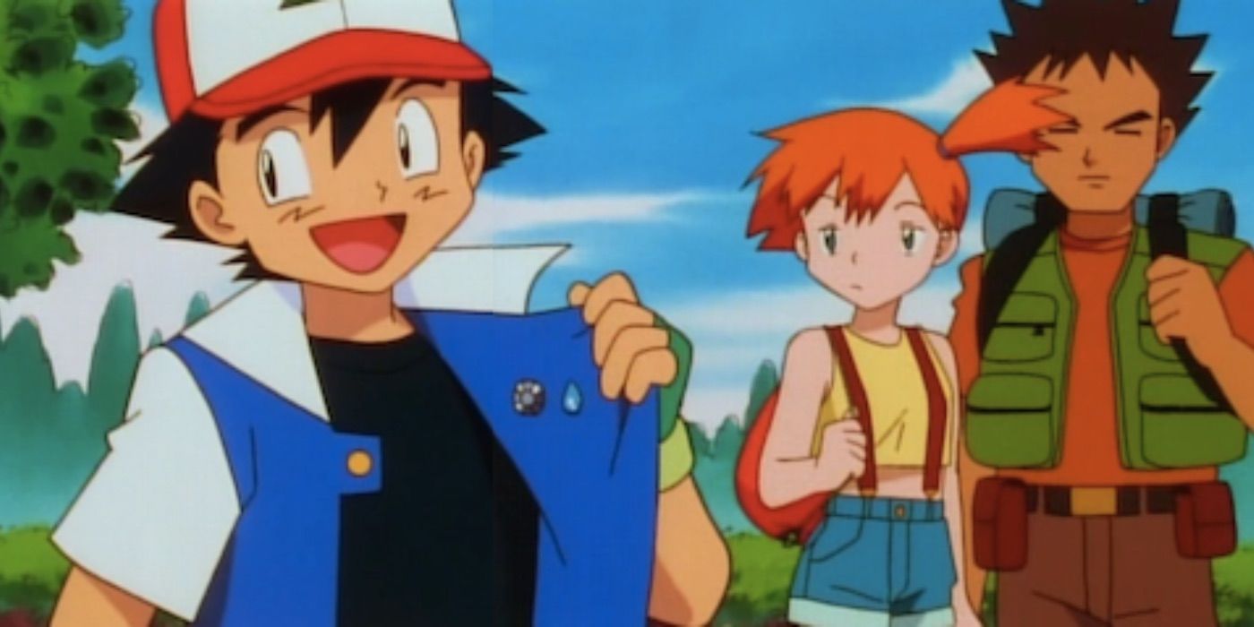 pokemon ash showing off his badges to brock and misty