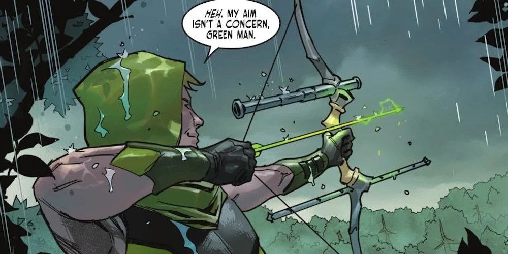 An image of Oliver Queen aiming a magic arrow in Dark Knights of Steel